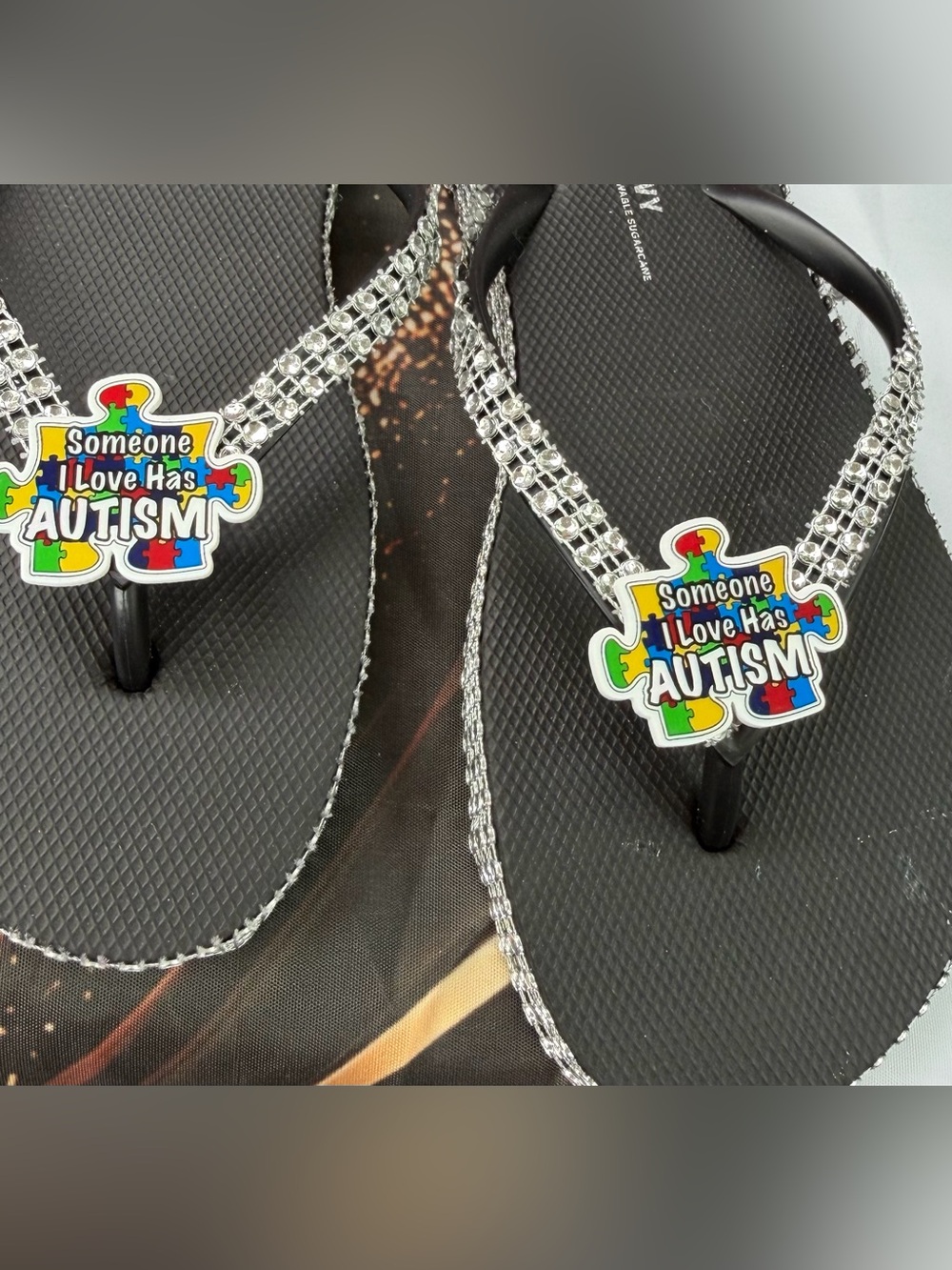 Black Rhinestone Flip Flop Sandals with Autism Puzzle Charm